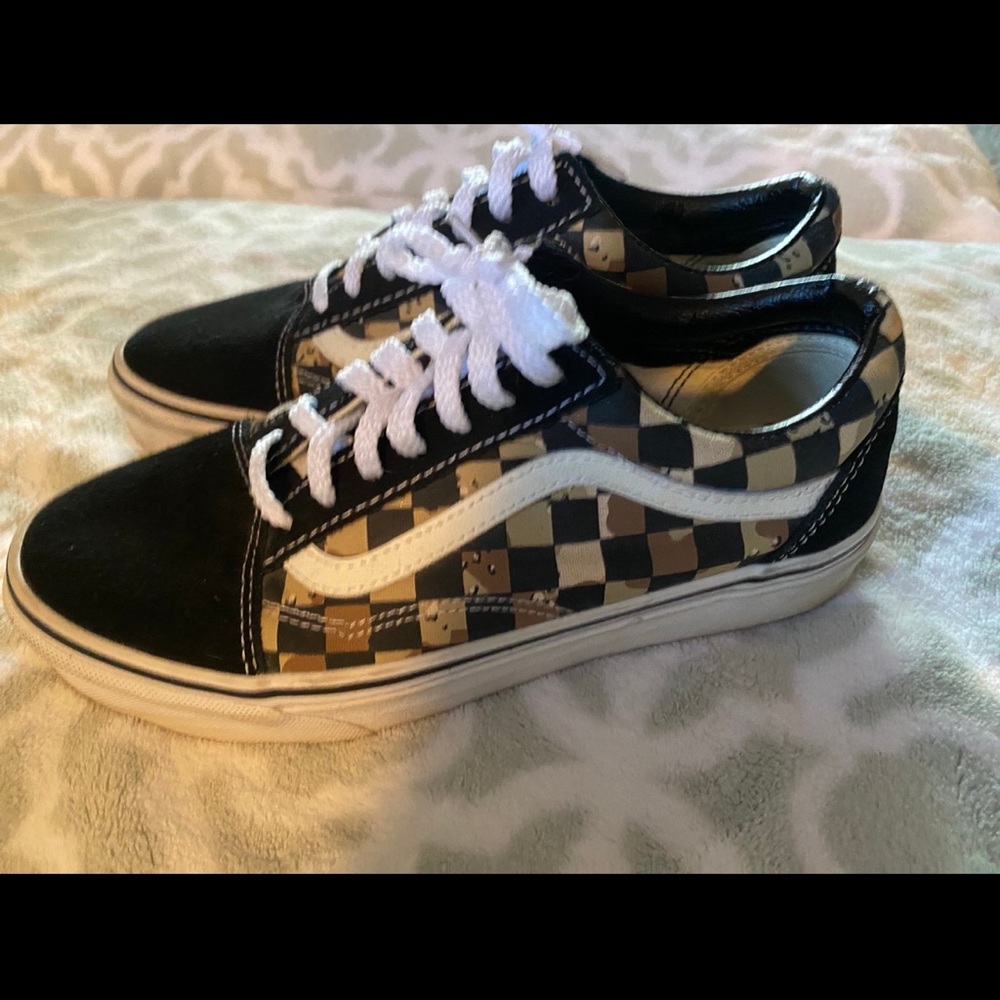 Vans Black and Tan Checkered Sneakers